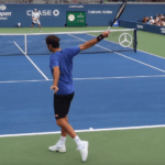 Federer practising with his old racquet at the US Open